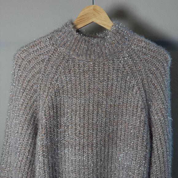See and Be Seen Women's Silver Metallic and Tan Eyelash Sweater Size S - Picture 3 of 10